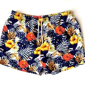 SOLOiO Weekend Tropical Floral Swim Trunks 4” Beach Board Shorts Spain‎ Size LG